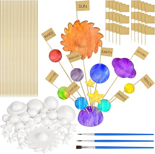 Kit de 100 bolas de espuma modelo de sistema solar, incluye bolas de poliestireno de tamaño mixto, bandera de palillo de dientes, palos de bambú,