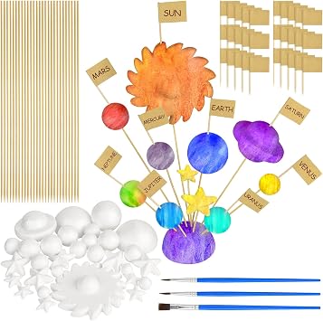 100 Pieces Solar System Model Foam Ball Kit Includes Mixed Sized Polystyrene Balls Toothpick Flag Bamboo Sticks Painting Brushes for School Science Project DIY Planet Handcraft