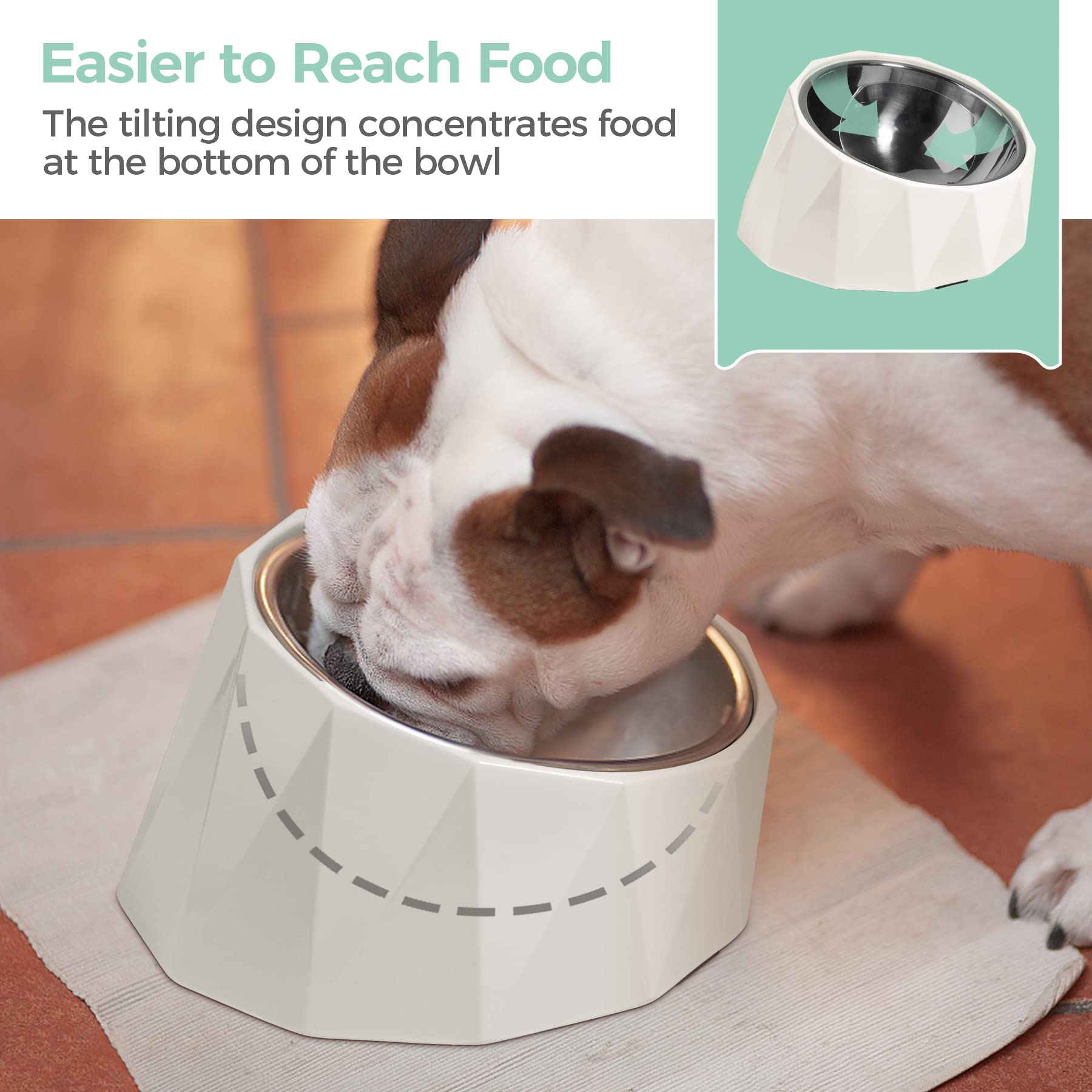 ComSaf Ciotola per Cani inclinata in Acciaio Inox da 15 ° inclinata per Cani e Gatti, Ciotola per Alimentazione Antiscivolo e Non fuoriuscite con Supporto in melamina Rimovibile, Bianco