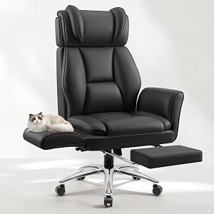 Big and Tall Office Chair, Flip Armrests for Pets & Cross Legged Sitting, Ergonomic Leather Executive Desk Chair with Foot Rest, High-Back Reclining Computer Chairs for Home Office Gaming, Black