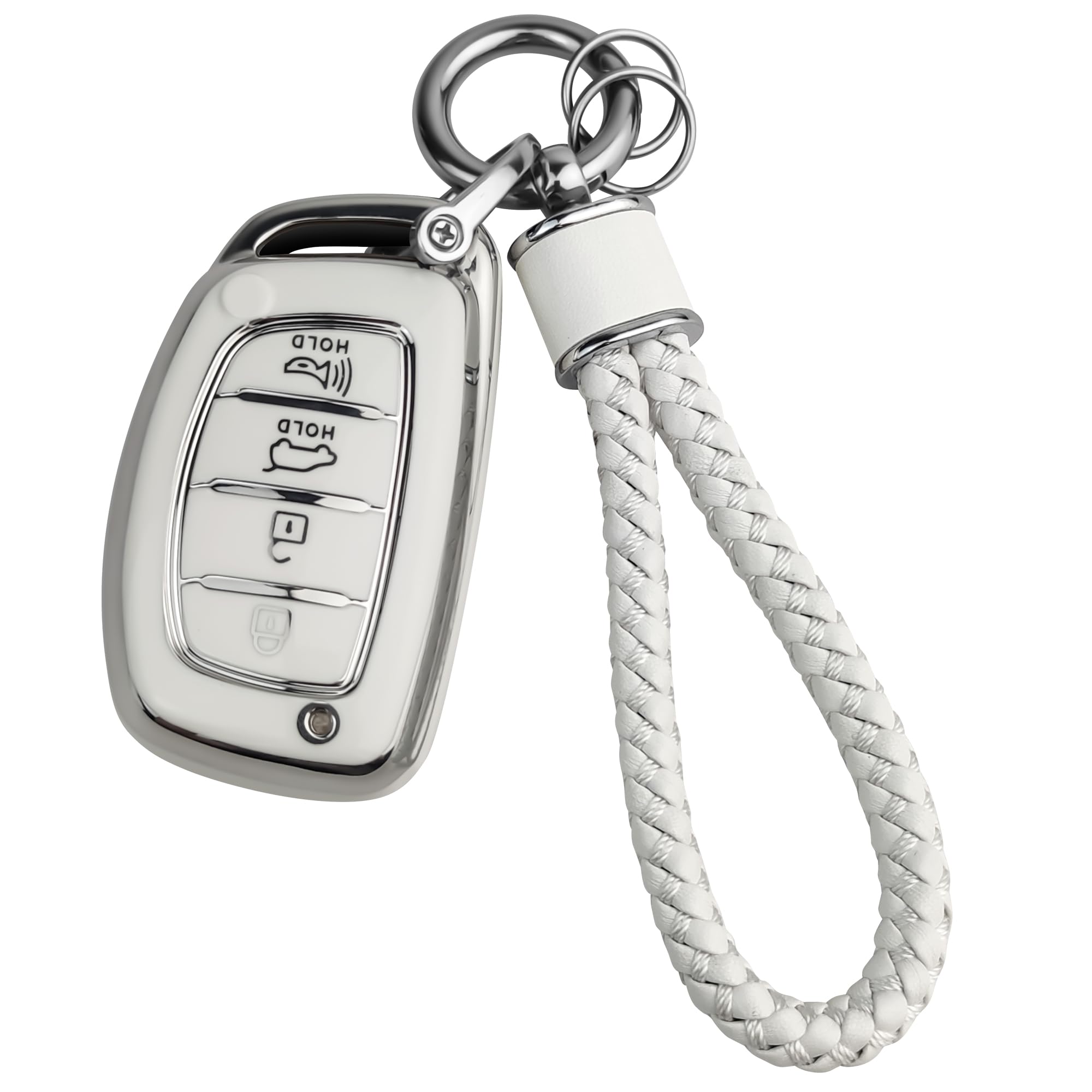 JOYEAR Keychain with Key Fob Cover Compatible with Elantra Tucson Sonata Elantra GT Ioniq 4 Buttons NOT FIT Flip 4-Buttons(Silver-White)