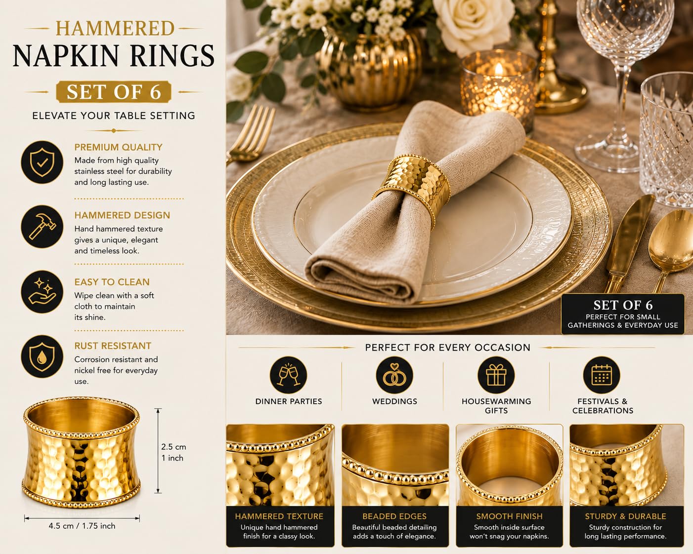 ITOS365 Set di 12 portatovaglioli decorativi in metallo martellato con perline, per tovaglioli, elegante decorazione da tavolo per matrimoni, Ringraziamento, Natale e cene