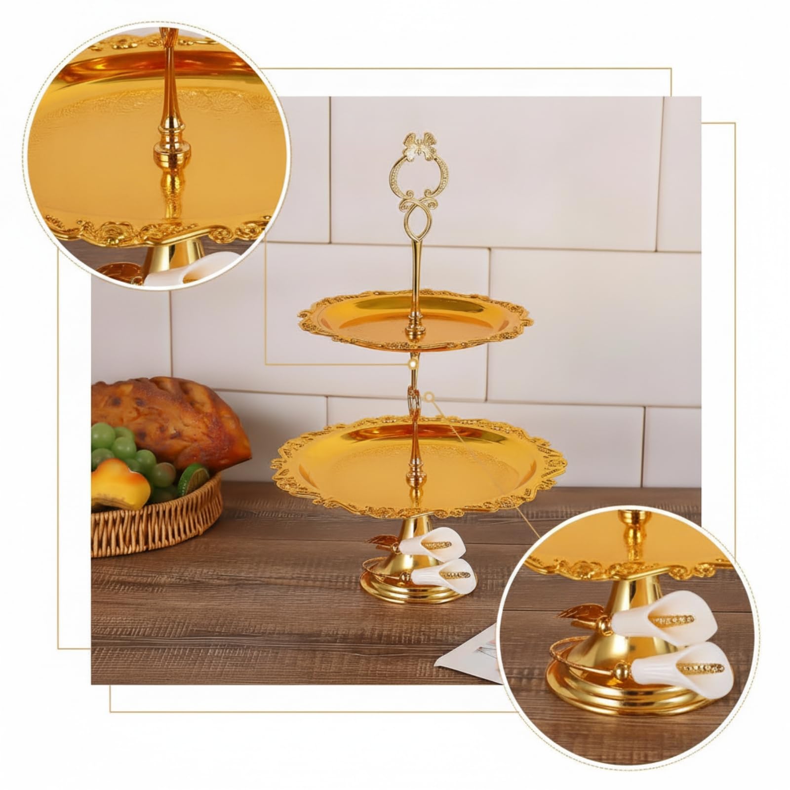 predolo Alzata a Due Piani Decorativa Alzata con Manico Versatile Supporto per Buffet, Matrimonio , Argento