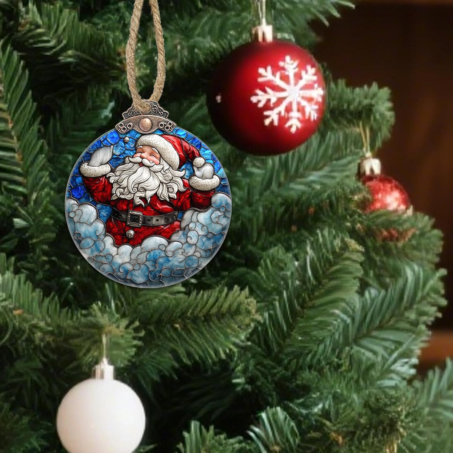 Stained Glass Christmas Decorations, Red Man Santa Claus Blue Cloud Suncatcher for Window Christmas Tree Hanging Ornaments Sun Catcher Xmas Decor Gifts for Women Men Mom Nana Friend - Image 4