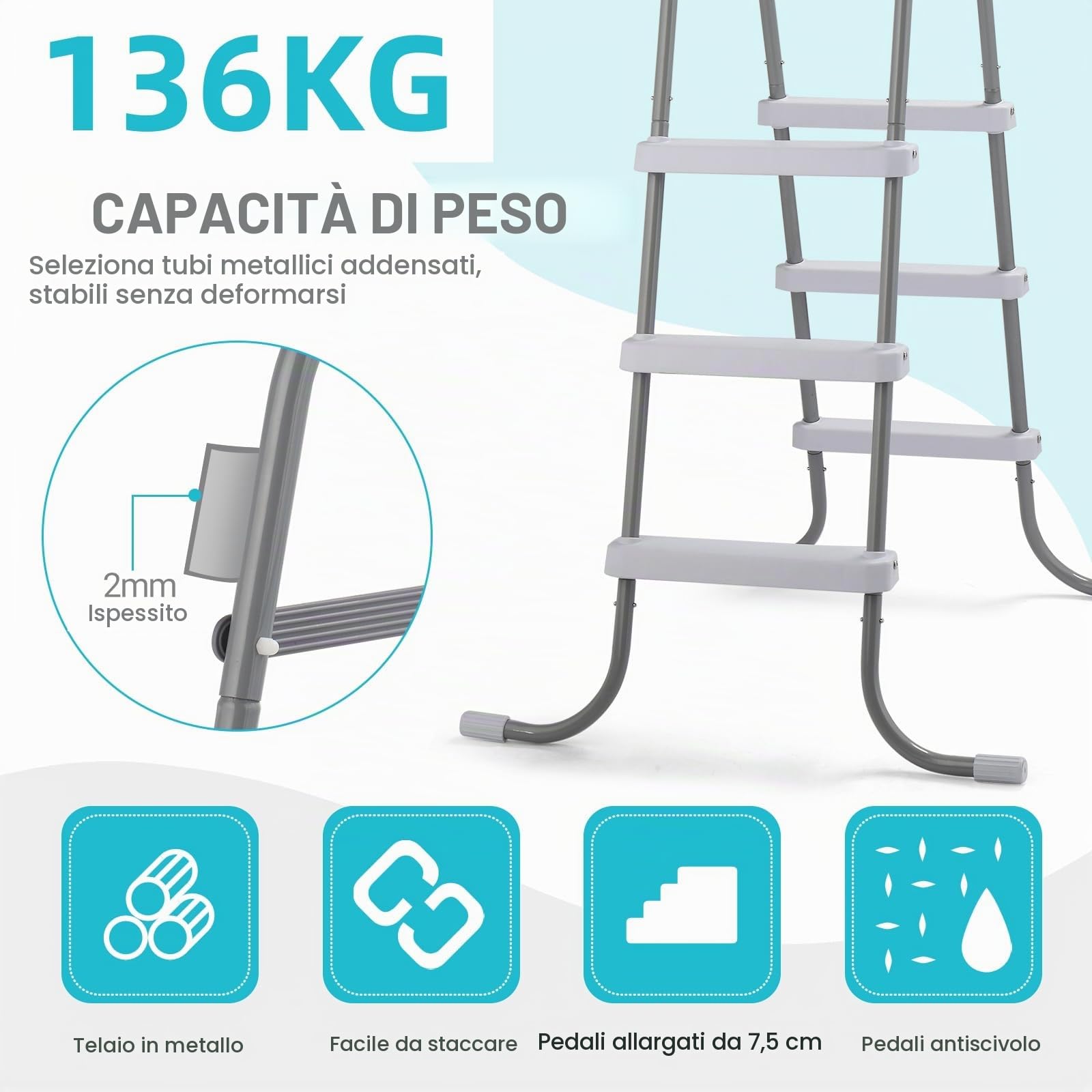 Bonnlo Scaletta per Piscina Fuori Terra in Metallo con Rivestimento Protettivo e Plastica, Scaletta Antiscivolo e Sicura per Bambini (79 x 88 x 134cm, 3)