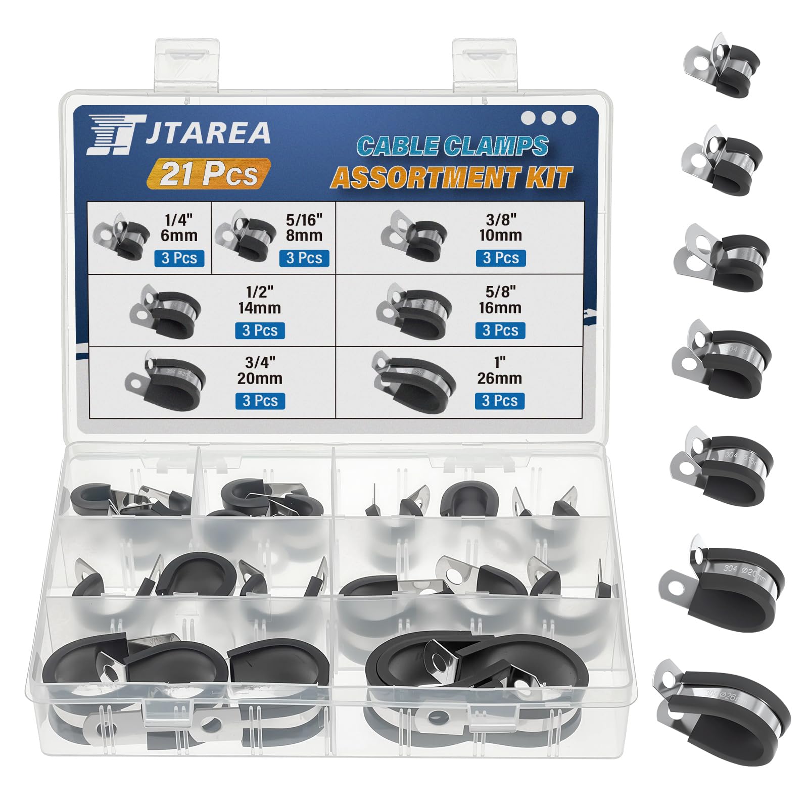 JTAREA 7Sizes 304 Stainless Steel Cable Clamps Assortment Kit 6mm 8mm 10mm 14mm 16mm 20mm 26mm Cushion Cable Clamp Rubber Coated Wire Clip Pipe Clamp