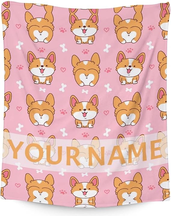 Personalized Corgi Blanket Gifts with Name - 60"x80" Cute Throw for Adults, Kids - Pink Soft Fuzzy Blankets for Bed, Couch & Living Room