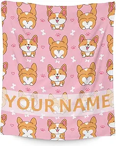 Personalized Corgi Blanket Gifts with Name - 60"x80" Cute Throw for Adults, Kids - Pink Soft Fuzzy Blankets for Bed, Couch & Living Room