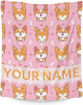 Personalized Corgi Blanket Gifts with Name - 60"x80" Cute Throw for Adults, Kids - Pink Soft Fuzzy Blankets for Bed, Couch & Living Room