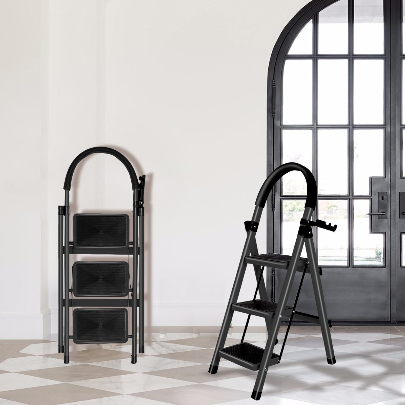 Scaletta multifunzione a 4 gradini, scaletta per uso domestico fino a 200 kg, scala per casa, ufficio, (C) 104 x 57 x 41,5 cm – 3 gradini (nero)