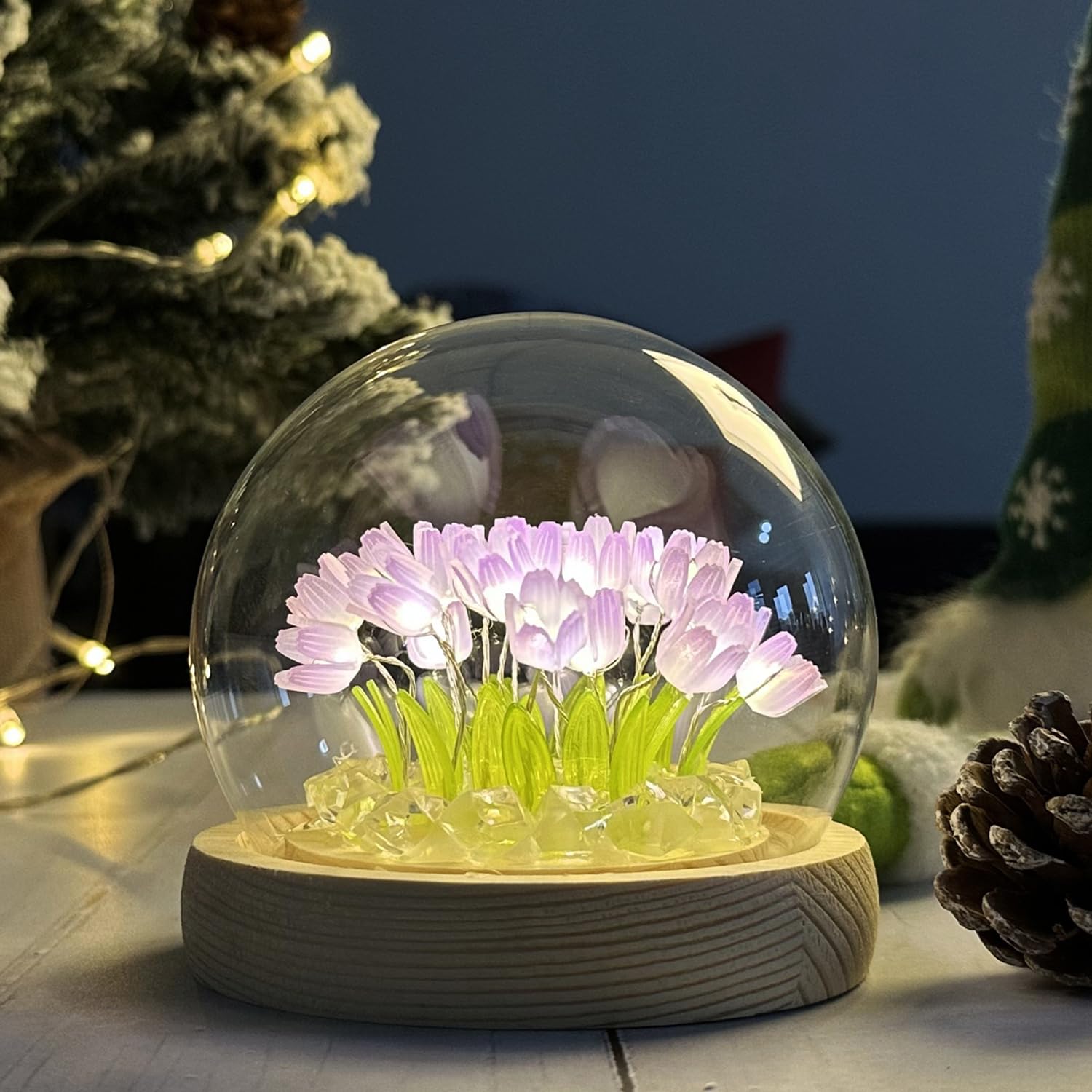(20 Flower) Assembled Tulip Lamp Night Light with Glass Dome, Cool Handmade Artificial Flower Table Lamp Bedroom Desk Decoration for Women Girlfriend Sister Besties Birthday Gift Unique (Purple)