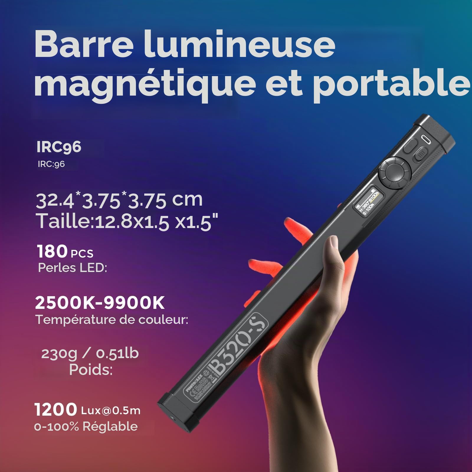 PHOTOOLEX RGB Bâton Lumineux Vidéo LED, Magnétique Portable pour Photo