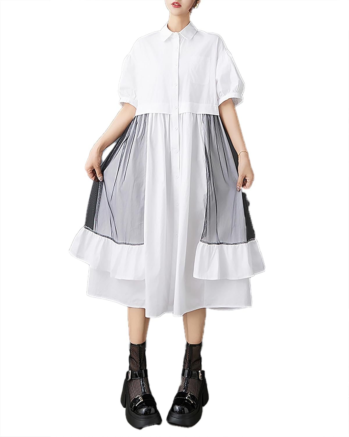 ellazhu Women's Dress Lapel Short Sleeve Button Down Flowy Hem Solid Casual Fashion GZ527