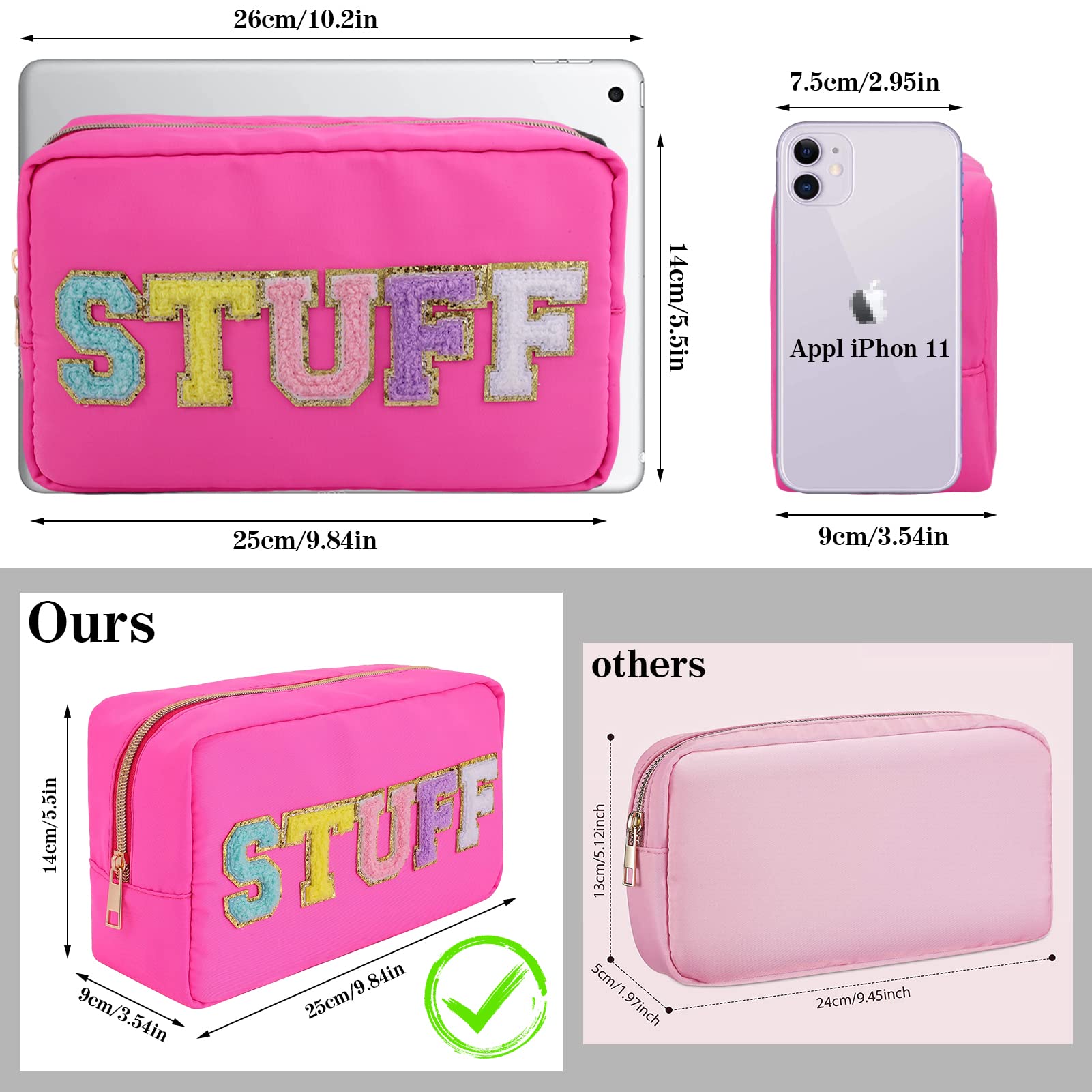 Preppy Patches Makeup Bag Pencil Case Nylon Makeup Pouch Chenille Letter Cosmetic Bag Stuff Waterproof Toiletry Bag for Women Skin Care e Bag 9.84