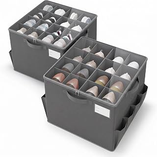 Varhomax Shoe Organizer Box 2 Pack for Closet, Fabric Shoe Storage Bin with Adjustable Dividers & Clear Cover, Holds up 16-32 Pairs of Sneakers & Sandals for Entryway, Cubby (Gray)