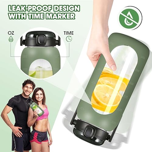 Miniatura 5 de Botellas de agua de vidrio de 64 onzas  Botella de agua de medio galón con soporte para teléfono con pajilla, marcador de tiempo y funda de