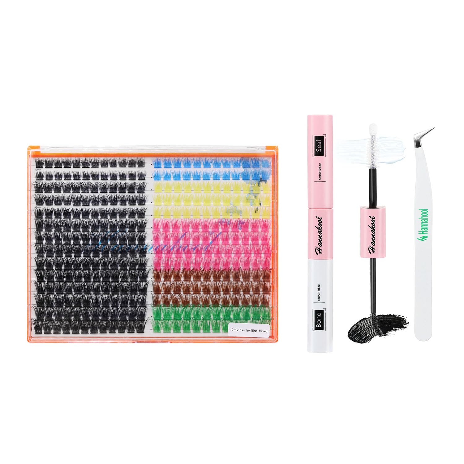 28Rows,wholesale Pack Mixed Black and Colorful Wide Stem Cluster Eyelashes Kit 2 in 1 Bond&Seal+ 1pcs Tweezer Grafting D Curl Individual False Eyelashes Home DIY Eye Lash(Color-C10-12-14-16-18MM MIX)