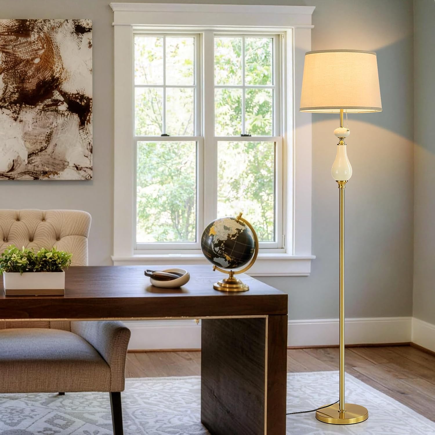 Dimmable Ceramic Floor Lamp: 66" Rustic Farmhouse Mid Century Tall Standing Lamps with Soft Linen Shade for Living Room Bedroom Home Office Corner House Decor