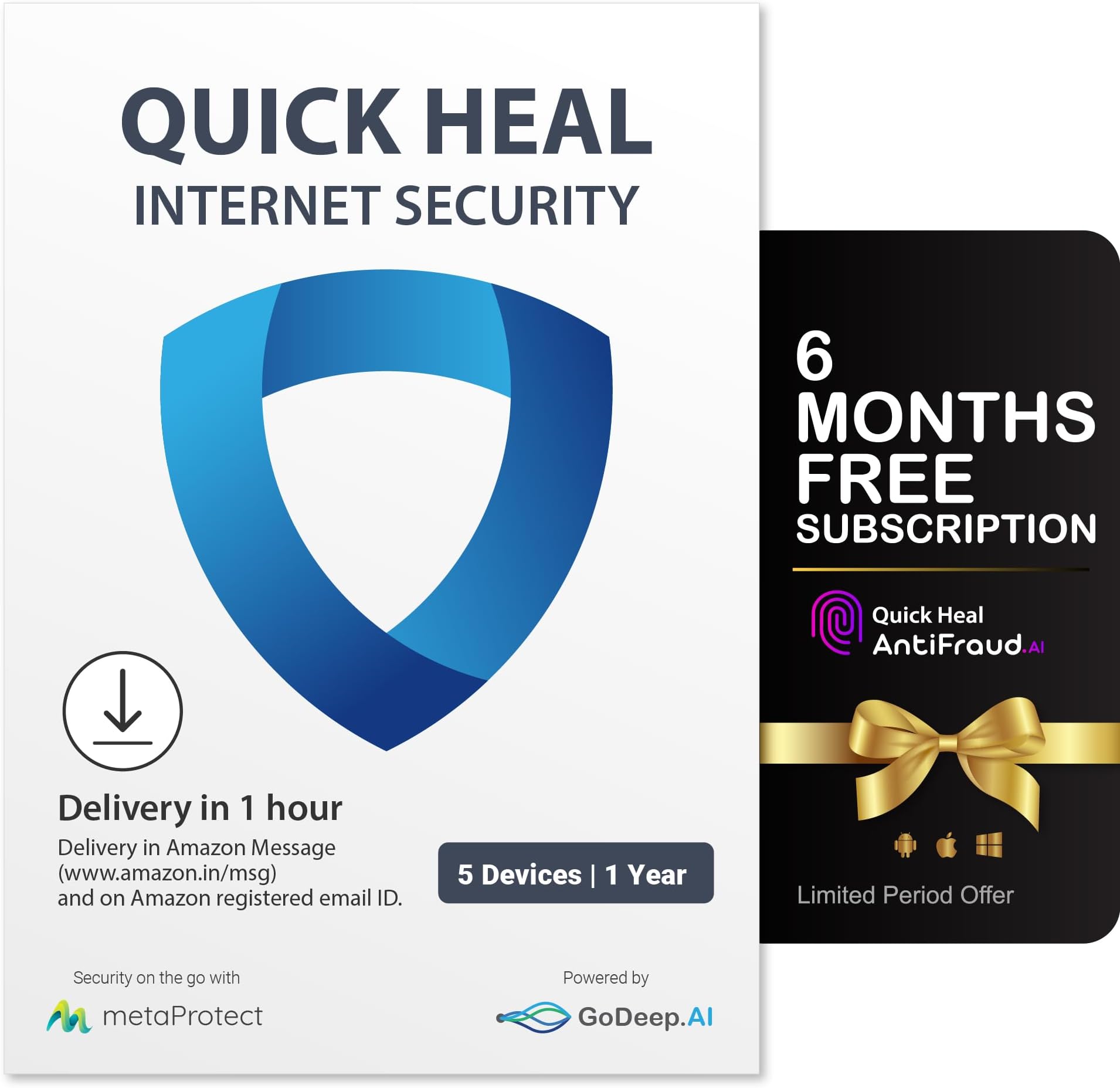 Quick Heal Internet Security Latest Version - 5 PCs, 1 Year, AI Based Device Security for Windows Pc, Internet and Banking Protection (Email Delivery in 1 Hour- No CD) + Get 6 month AntiFraud.
