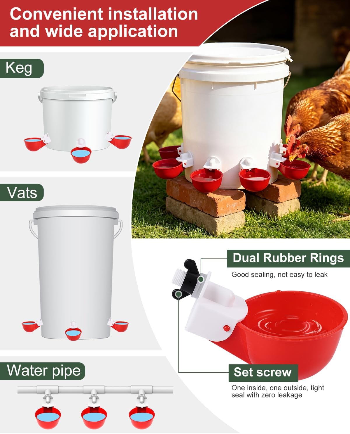 Chicken Waterer Cups (8 Pack) with 3/8" Drill Bit - Red | Automatic Poultry Drinker Feeder Kit for Chickens, Ducks, Turkeys, Quail, Bunnies | DIY Gravity Fed Bucket Water Dispenser
