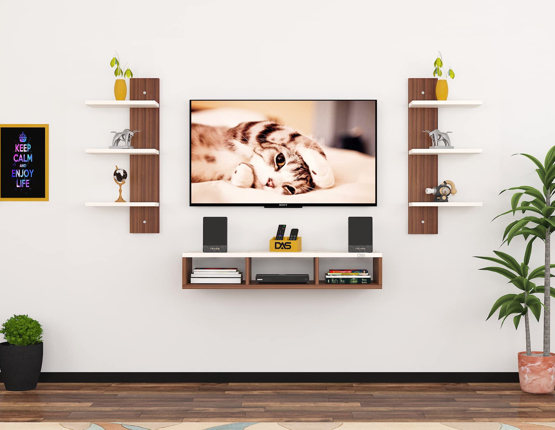 DAS Harries TV Entertainment Unit Stand Set TOP Box Stand with Shelves and Display Rack Classic Walnut & Frosty White Small- Ideal for UP to 32 INCH Screen-image-41