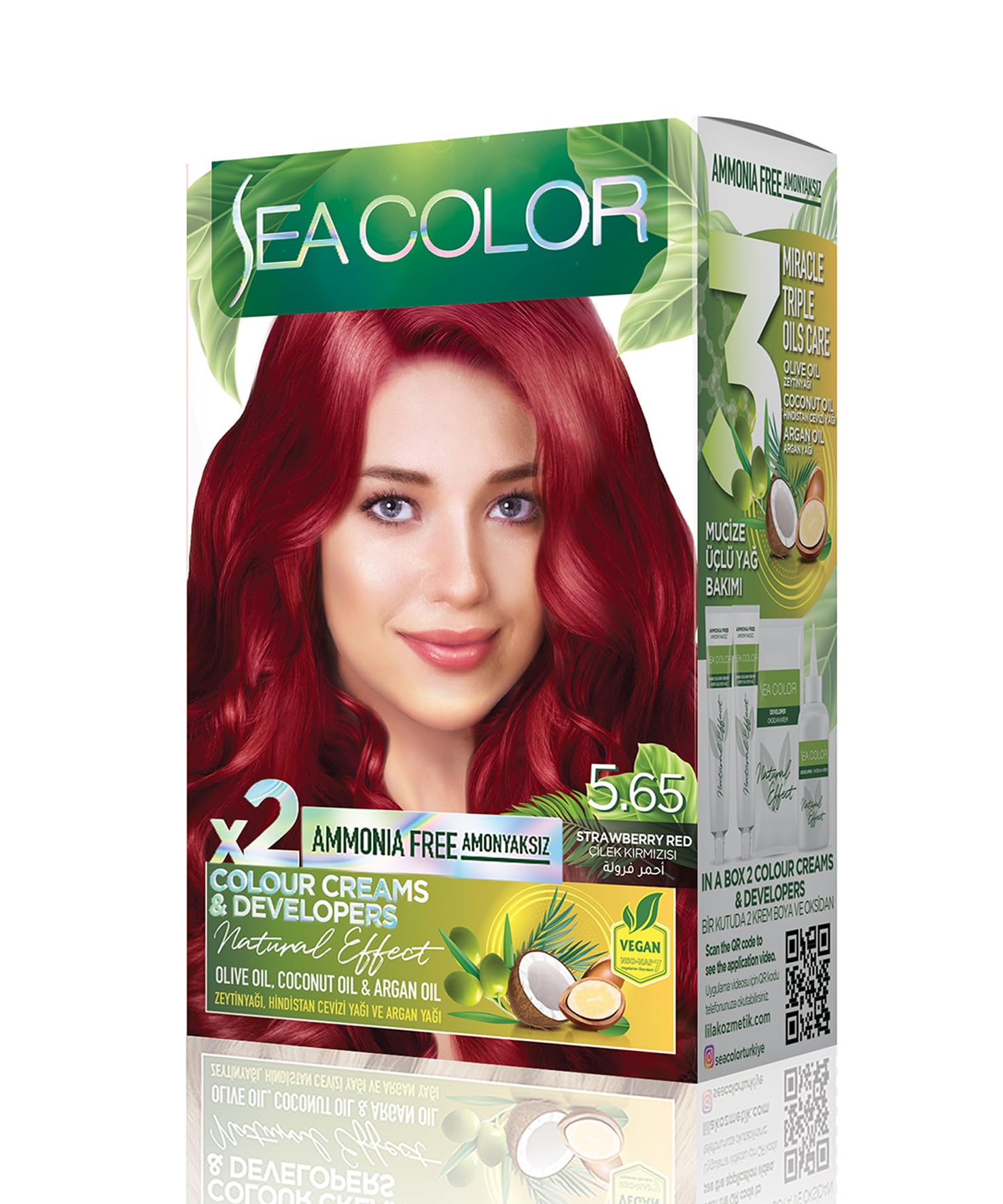 SEA COLOR Amonyaksız, Vegan, Doğal, Besleyici Kalıcı Saç Boyası%100 Beyaz Kapama (1 PAKET 2 x 50 ml Boya & OKSİDAN) (Çilek Kırmızısı 5.65)