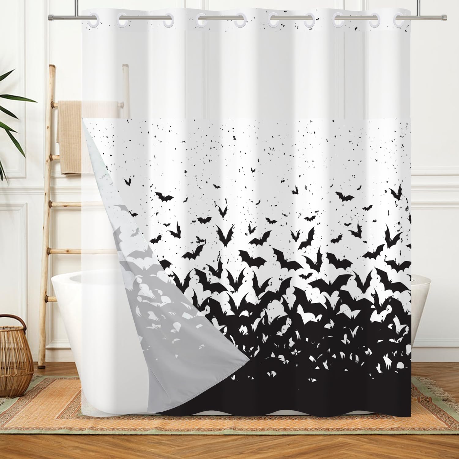No Hook 3 in 1 Waterproof Halloween Shower Curtain with Snap-in Liner Set, Double Layers Shower Curtains, Bats Spooky Style Fabric Bath Curtain for Bathroom,Polyester 71''x74''