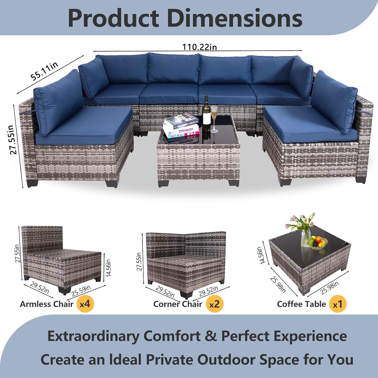 7 Piece Patio Sectional Furniture Set, Outdoor Sofa Couch Patio Wicker Furniture PE Rattan Conversation Set (Grey-Darkblue)