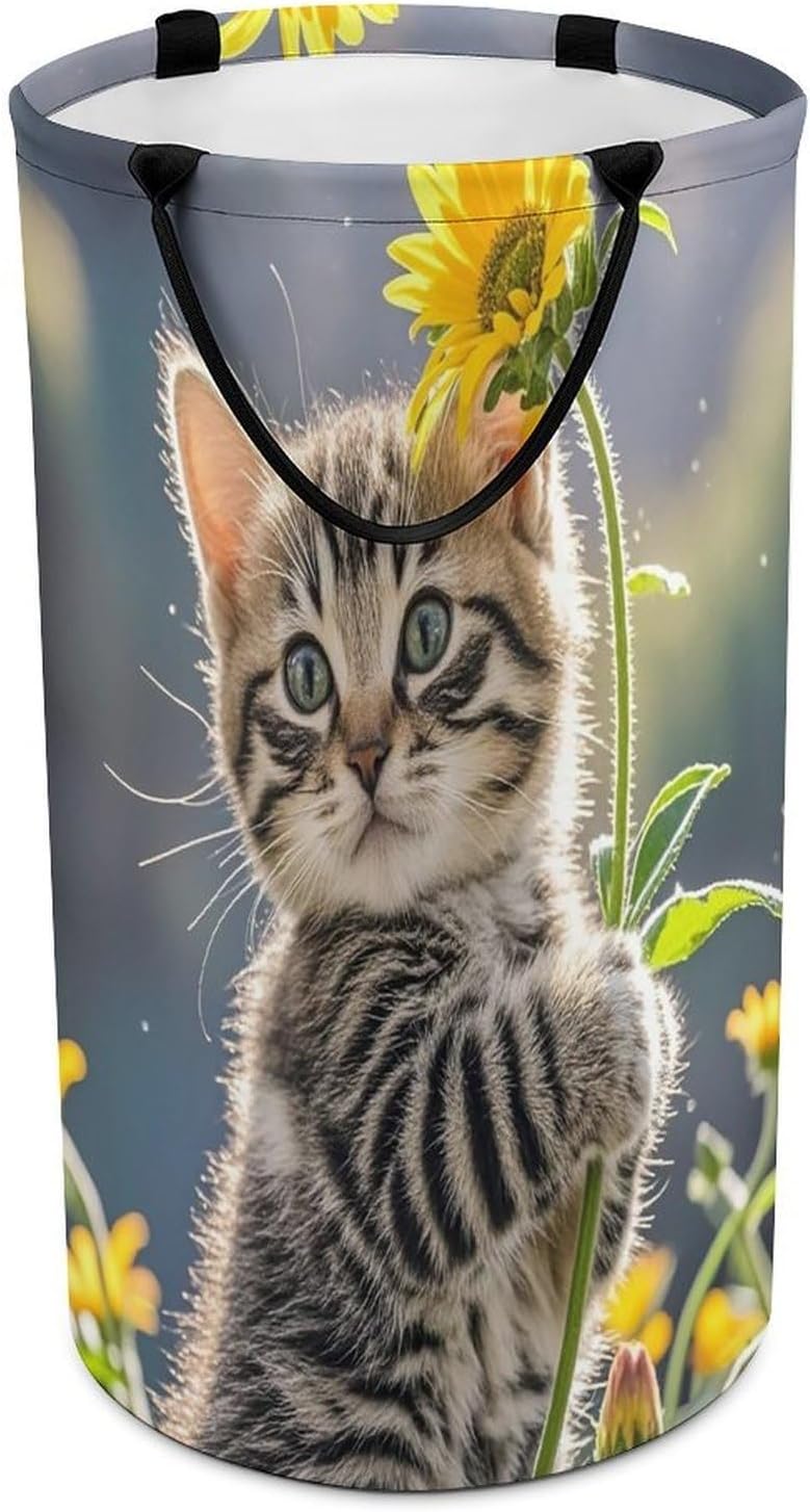 Kitten Hugging A Flower Laundry Hamper Large Collapsible Laundry Basket with Handles Waterproof Clothes Hamper Portable Dirty Clothes Basket for Bedroom Laundry Room Closet Bathroom