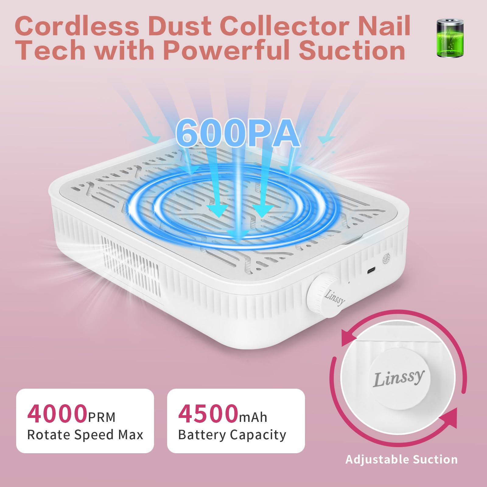 Linssy Nail Dust Collector, Rechargeable & Cordless Dust Collector for Nail Tech with Reusable HEPA Filter, Extractor Dust Suction Machine for Acrylic Nails Polishing at Nail Salon & Home Use - image 6