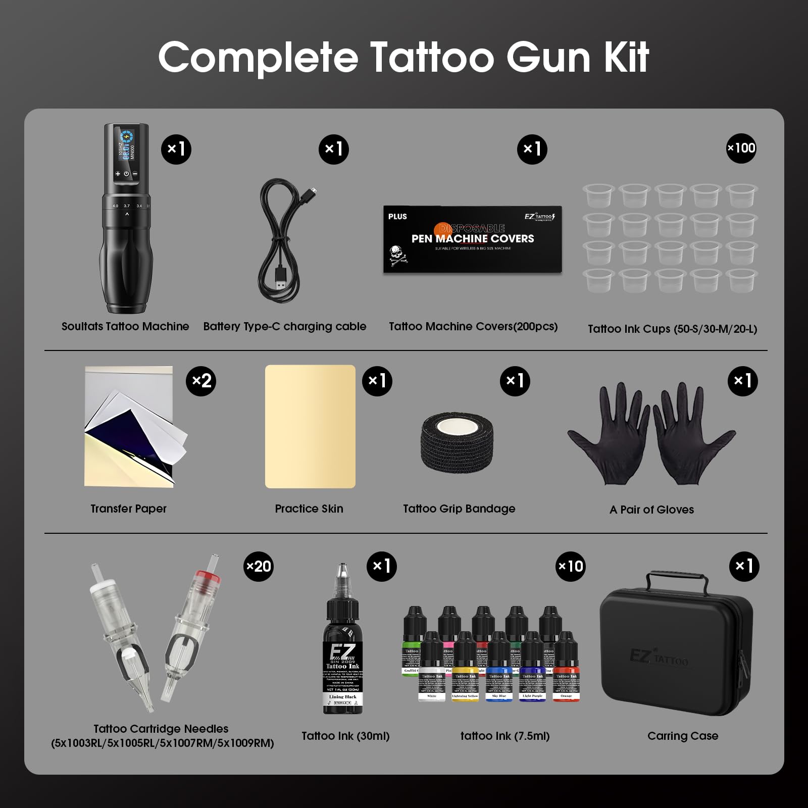 Kit de Tatuaje - Kit de Máquina de Tatuar con 7 Strokes 2.0-4.0mm Máquina de Tatuar Inalámbrica, Batería de Alimentación de 1600mAh, 20Pzs Agujas Tatuaje y 11 Color Tintas para Tatuadores