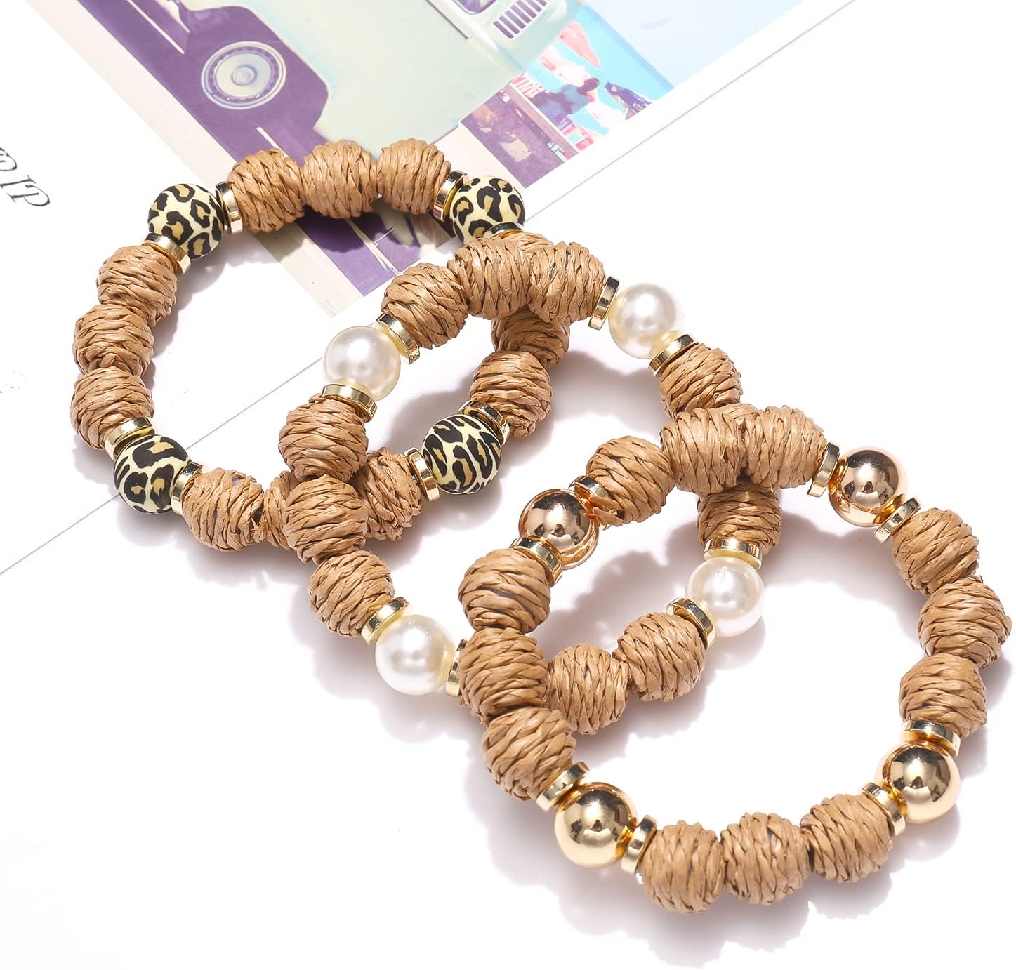 Rattan Bracelets for Women Handmade Woven Rattan Ball Beaded Stretch Bracelets Stackable Boho Bangle Bracelets Summer Beach Jewelry - Image 6