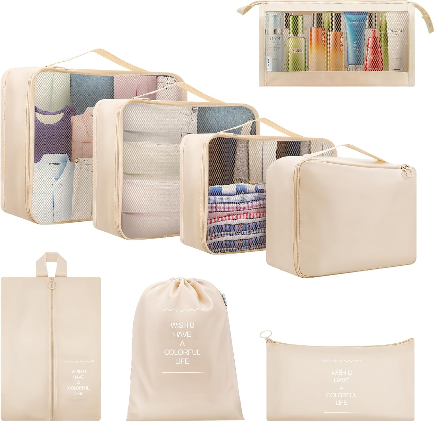 Packing Cubes for Suitcase, 8 PCS Travel Luggage Packing Organizers Waterproof Travel Essentials (Dark Beige)