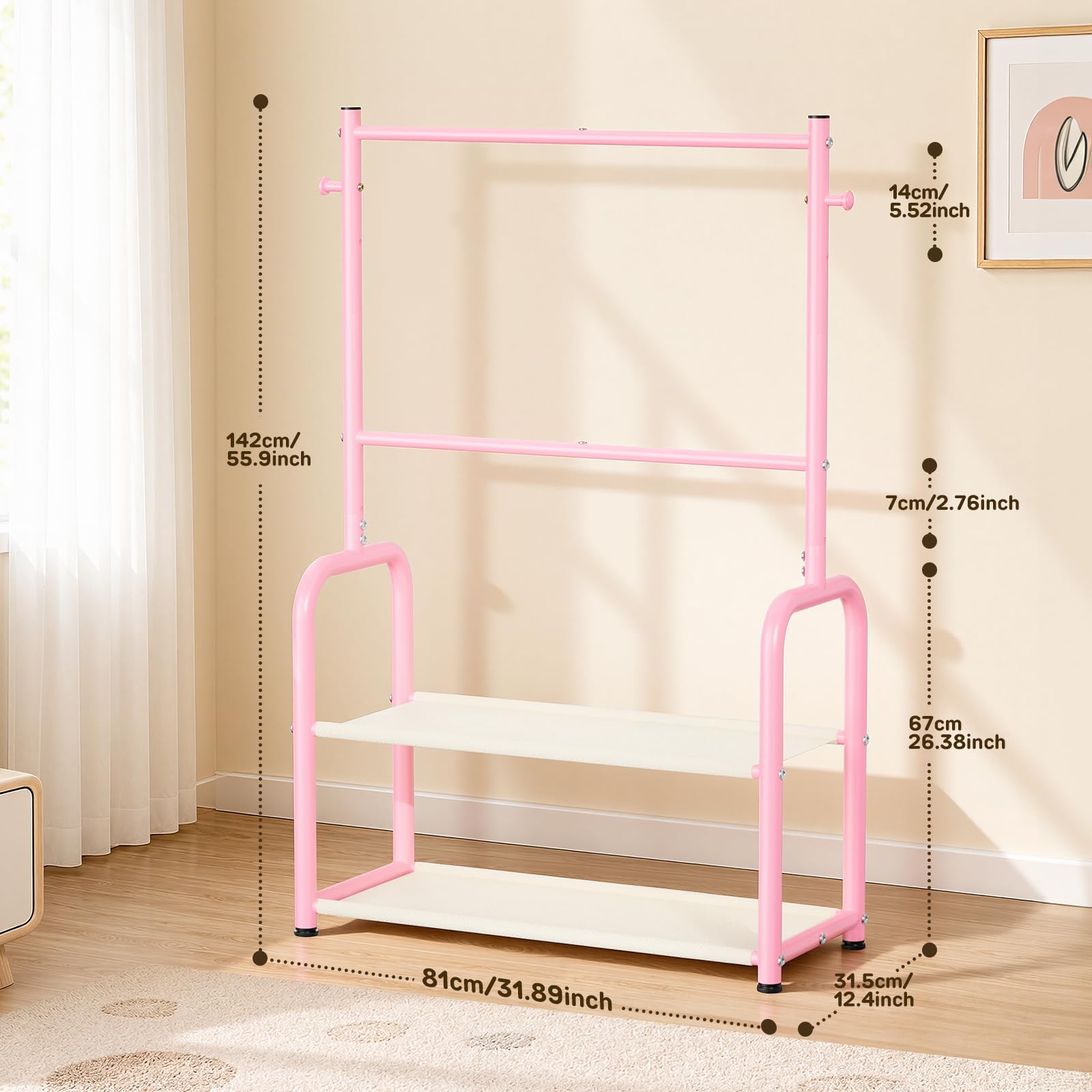 Bambini Abbigliamento Rack 2 Tier Baby Closet Rosa Toddler Dress up Rack | 2 aste appendiabiti, regolabili, per bambini da 0 a 9 anni, per bambini piccoli, per asilo e camera da letto