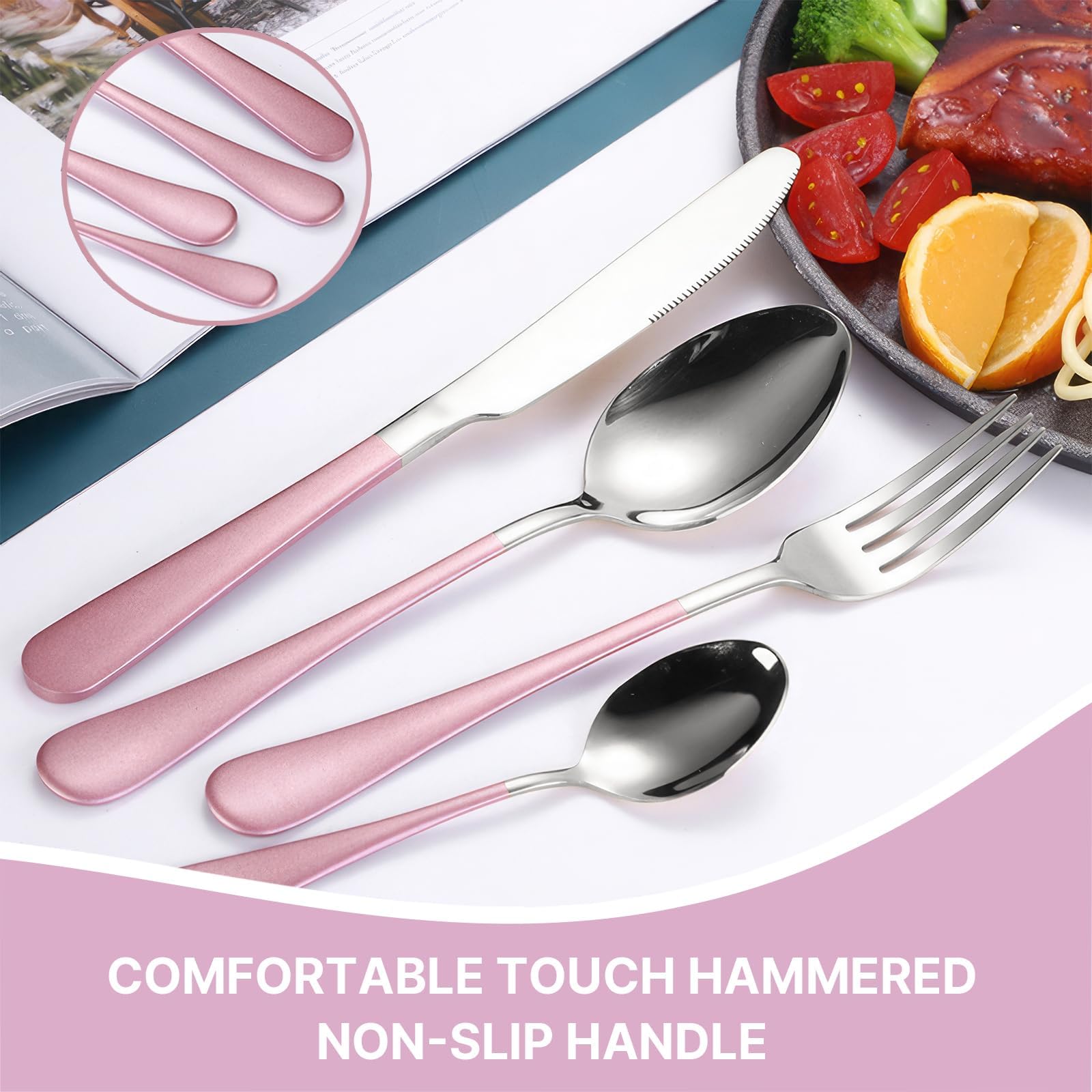 Juego de cubiertos con soporte, juego de cubiertos de acero inoxidable de 24 piezas con soporte, tenedor y cuchara para 6 personas, moderno juego de utensilios de cocina (rosa)