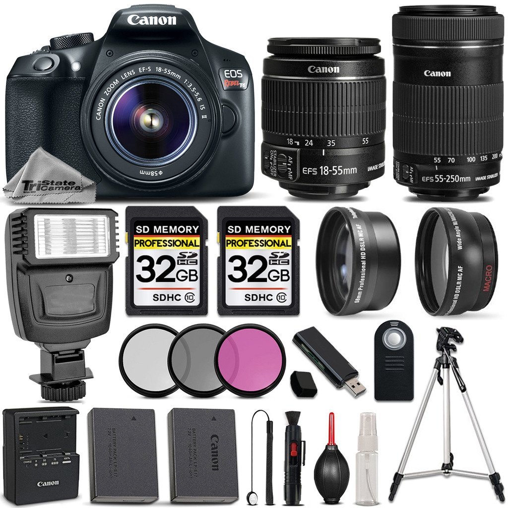 Canon EOS REBEL T6 DSLR Camera + Canon EF-S 18-55mm f/3.5-5.6 IS II Lens + Canon EF-S 55-250mm f/4-5.6 IS STM Lens + Digital Camera Flash - All Original Accessories Included - International Version