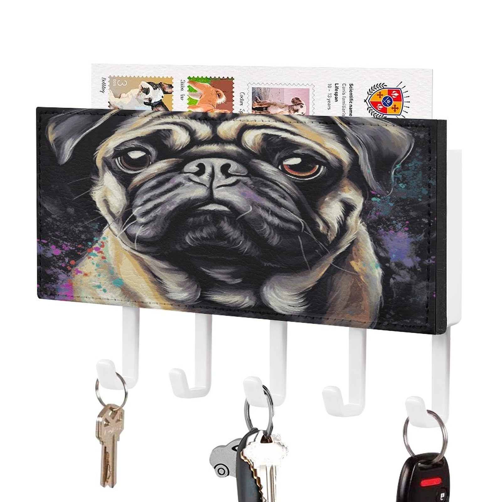 Fekiloot White-Style Portrait Of Pug Key Holder Wall Mount Decorative Key And Mail Holder With 5 Hooks Key Hanger Organizer Pu Key Rack Decorative Home Decor For Wall Living Room Entryway Office
