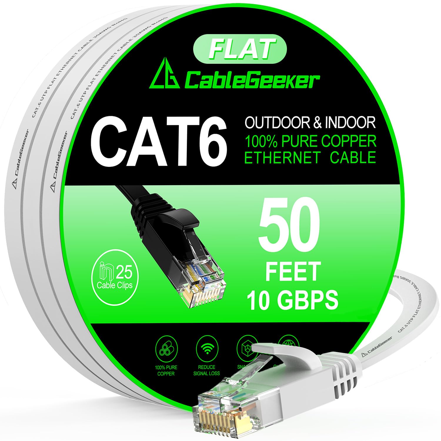 Cat 6 Ethernet Cable 50 ft, Support Cat8 Cat7, 10Gbps High Speed Flat Internet Network Cable with 25 Clips+4 Straps, White Computer Wire, RJ45 LAN Patch Cord for Outdoor&Indoor, Modem, Router, PS4/5