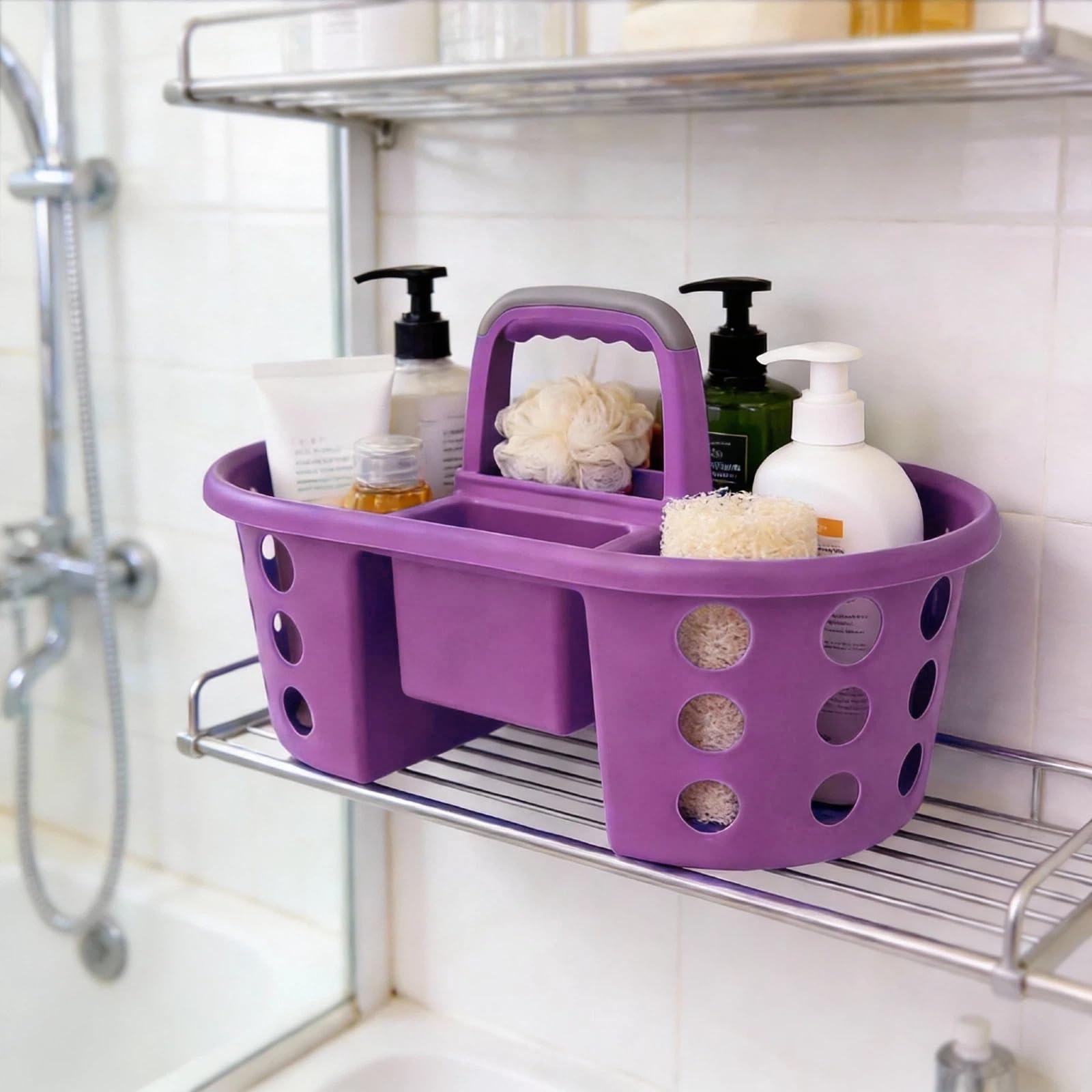 SIMPLYKLEEN Duży przenośny pojemnik prysznicowy, wykonany w USA, plastikowy, duży rozmiar, torba na cukierki z uchwytem, organizer prysznicowy do łazienki, spiżarni, kuchni, akademika, pomarańczowy