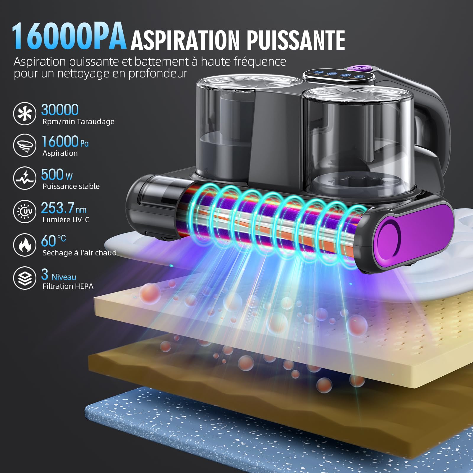 Aspirateur Anti Acariens Matelas avec Lumière UV-C de 253,7nm Aspirateur Lit 16Kpa Aspiration Ultrasons Chauffage Filtre HEPA Brosse Rotative Élimine des Allergènes 500W