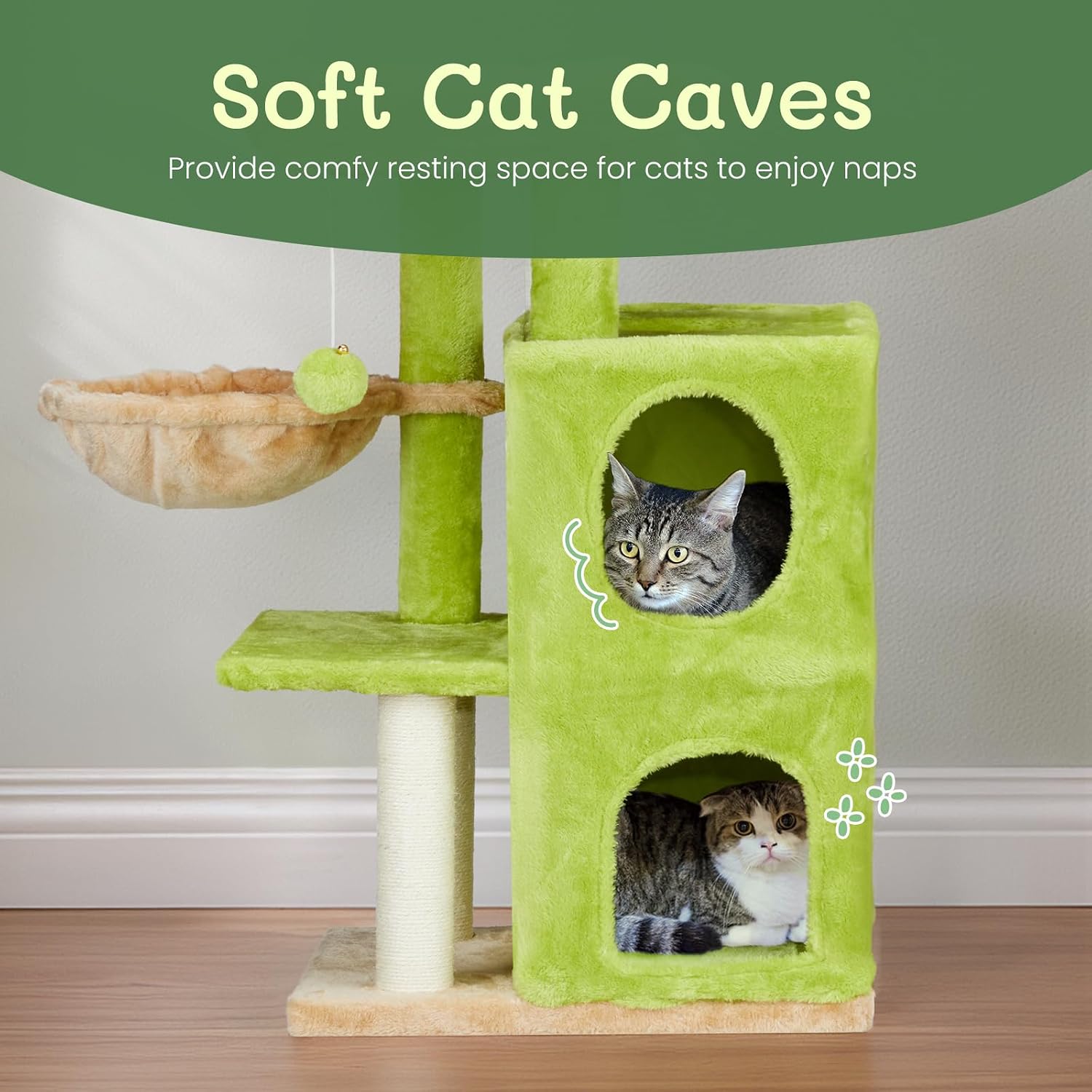 review Outvita Cat Tree, 33 Inch Plush Cats Tower for Indoor Pets with Sisal Scratching Post, Cute Cat Condo Climbing Frame with Multi Level Jumping Platform, Hammock, Toy Ball (Green)