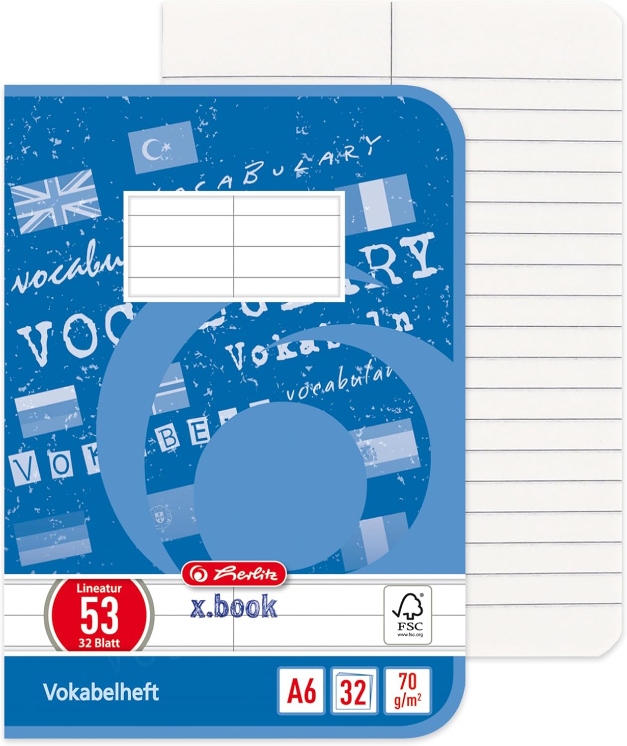 herlitz Vocabulary Book A6 60 Sheets FSC Mix A6, 32 Sheets, Ruling 53 32 Blatt