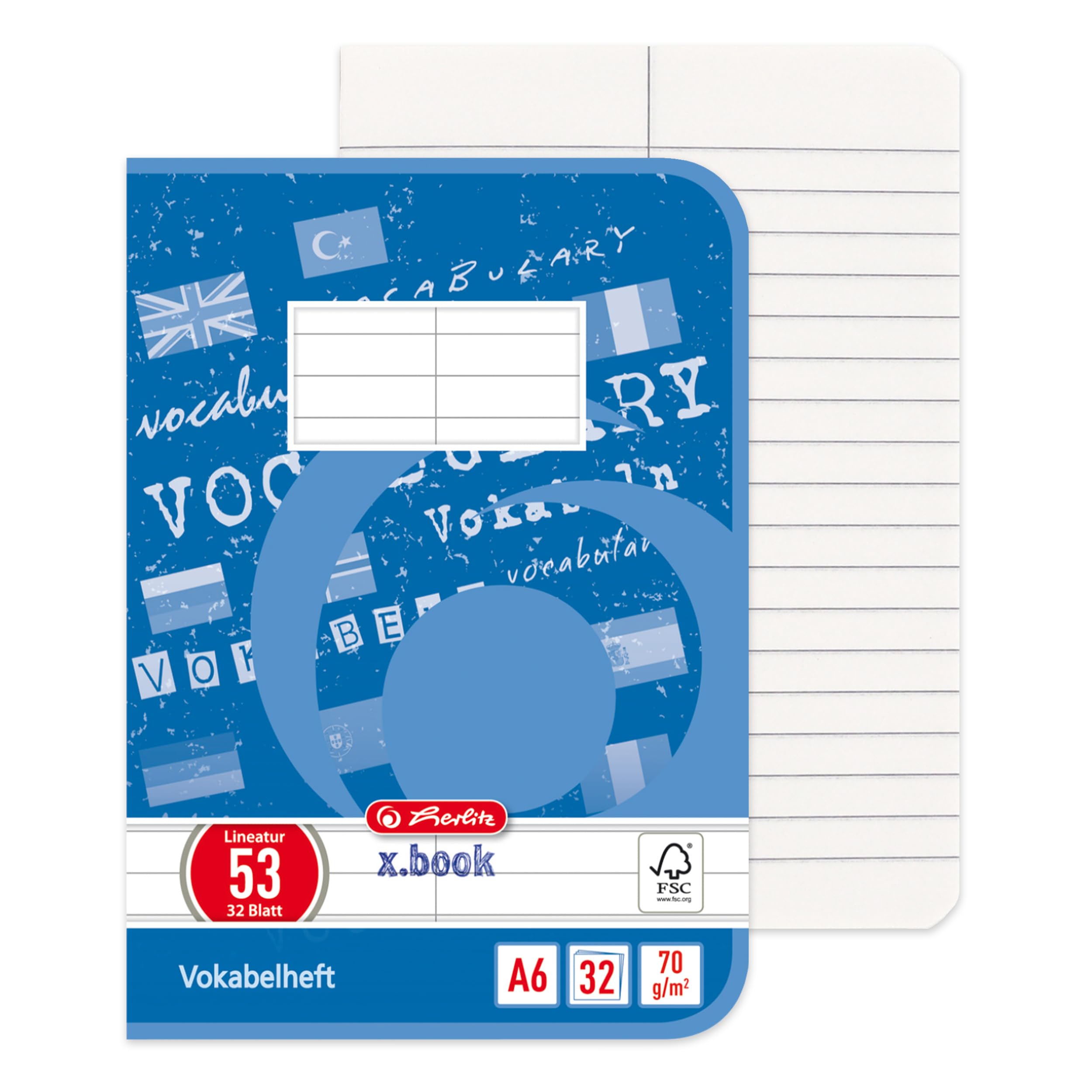 Herlitz 413682 zeszyt do słówek A6, 32 arkusze, liniatura 53, FSC Mix, 10 sztuk
