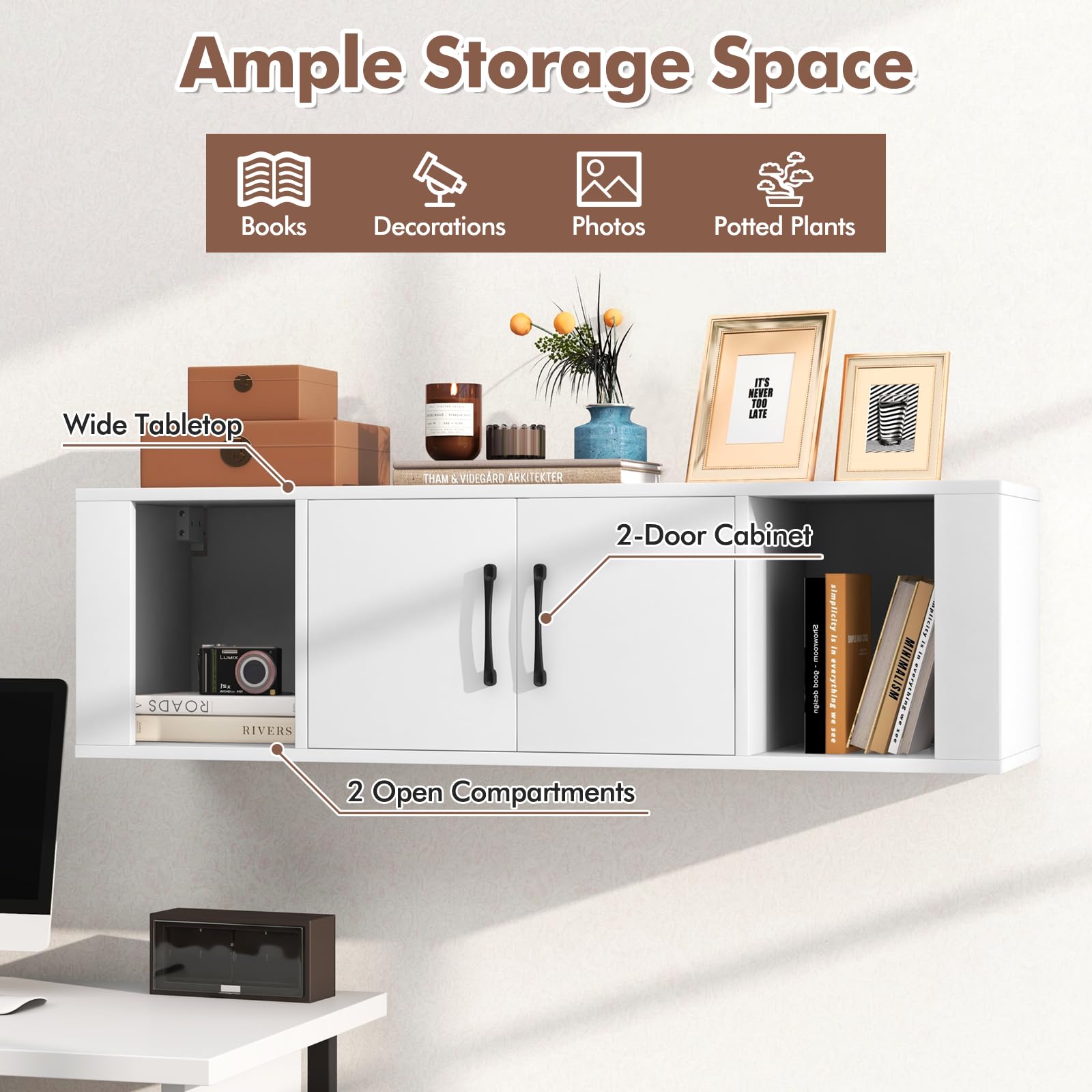 GIANTEX Armario de Pared, Mueble TV Suspendido con 2 Puertas, 2 Cubos Abiertos, Carga hasta 60 kg, Estantería Colgante para Baño, Dormitorio, Salón, Cocina, 108 x 33 x 30,5 cm (Blanco)
