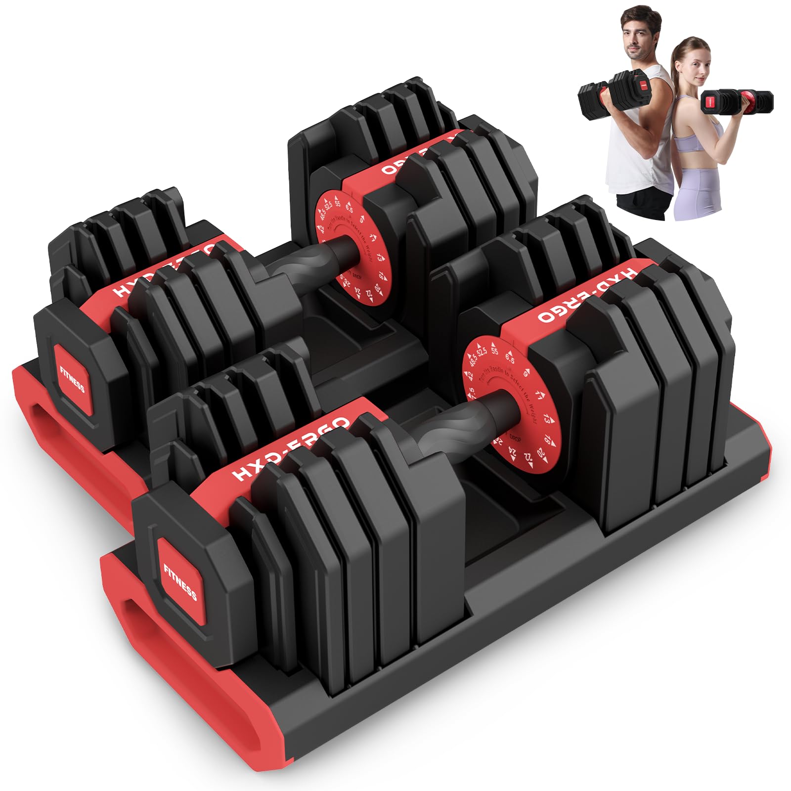 Photo 1 of HXD-ERGO 15 IN 1 Adjustable Dumbbell Set/Single, 1-Second Quick Change Weights, 55/110 LBS Free Weights Adjustable Dumbbell with Anti-Slip Grip & Secure Lock, Space-Saving Home Gym Equipment for Men/Women Full Body Workout (Pair, 110LBS)