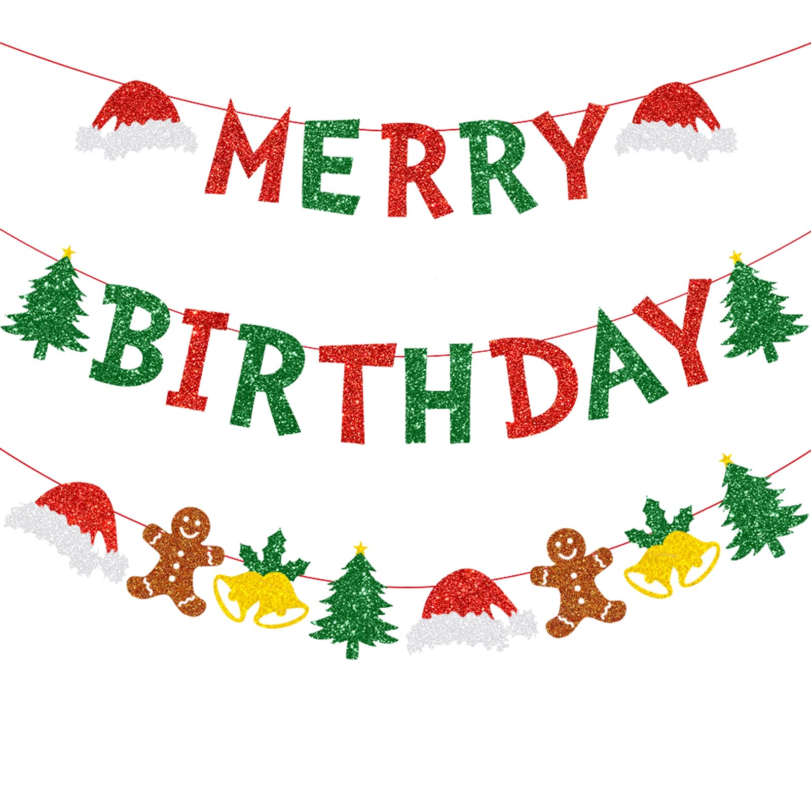 Zwiebeco Merry Christmas Birthday Party Decorations Red Green Banner Hanging Paper Tree Gingerbread Man Bells Hat Sign for Xmas Wall Home Garden