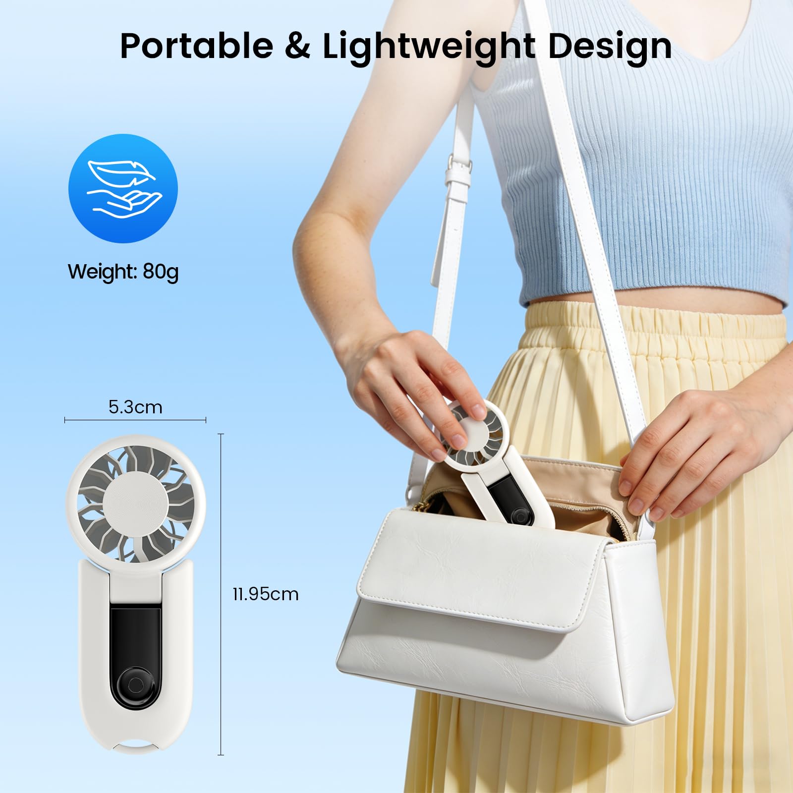 gabless Ventilador Portátil, Ventilador de Mano Recargable, Mini Ventilador USB Eléctrico Plegable con 5 Velocidades, Ventiladors de Sobremesa para Hogar Oficina Viajes (Blanco)