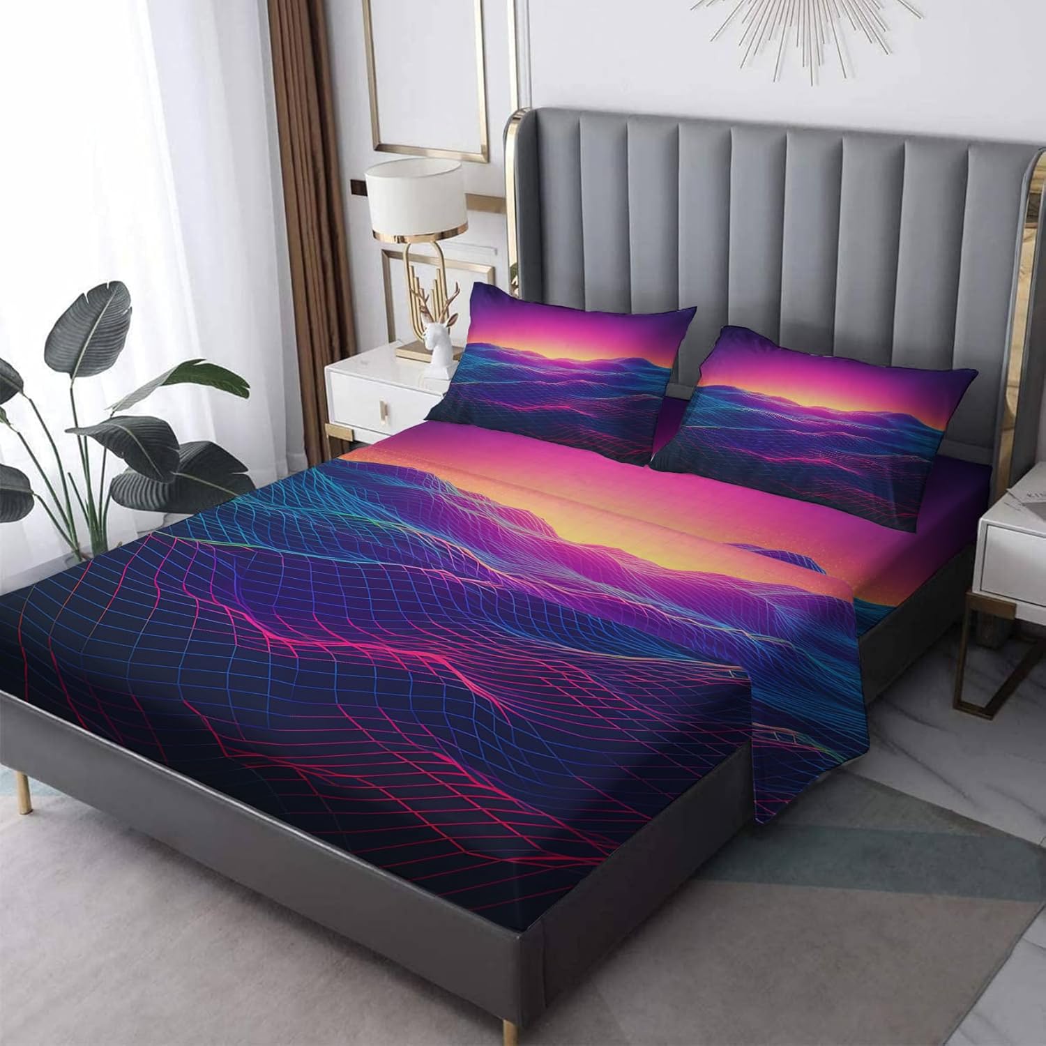 Neon Wave Sheets Twin XL Size Bed, Vaporwave Pattern Sheet Set & Bedroom Decor - 16 Inch Deep Pocket, Super Soft Microfiber Bedding Sheets & Pillowcases 3 Piece