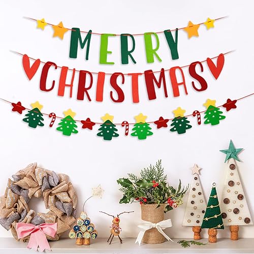 Miniatura 6 de Cartel de fieltro de Feliz Navidad, árbol de Navidad, bastón de caramelo, guirnalda de Navidad de estrella, cuerda de fieltro rojo y verde para