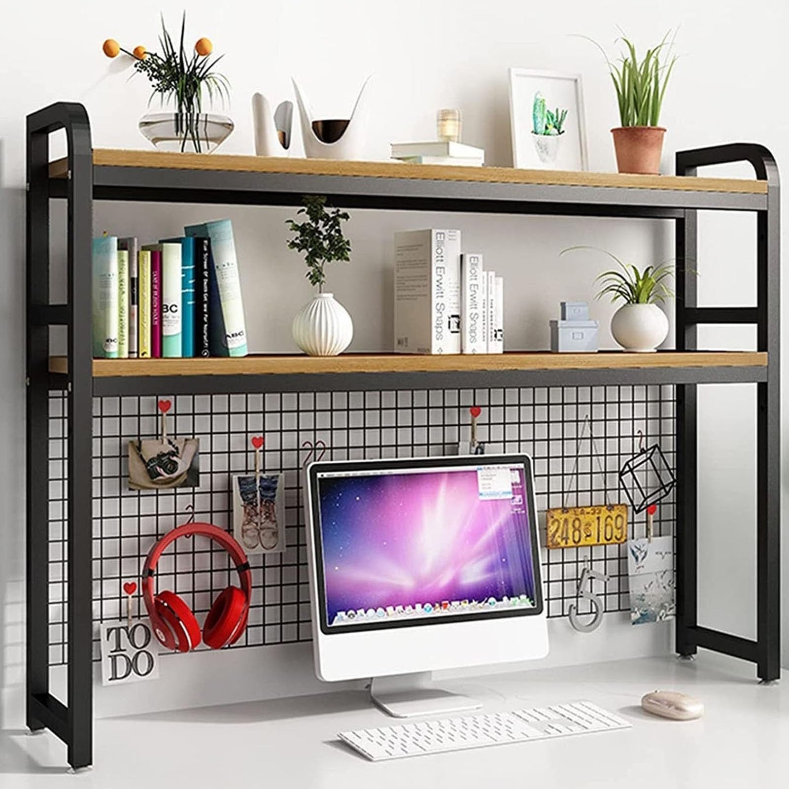 Regał na książki DIY nowoczesna metalowa i drewniana półka do przechowywania na biurko stylowy stojak biurowy czarna kratka design do użytku domowego biura idealna do salonu i miejsca pracy.